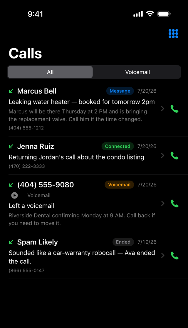 Call history showing screened calls, messages, voicemail and spam