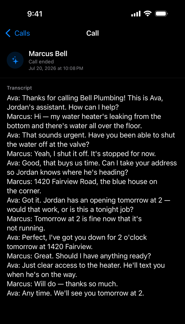 Live call transcript showing the AI assistant screening a caller